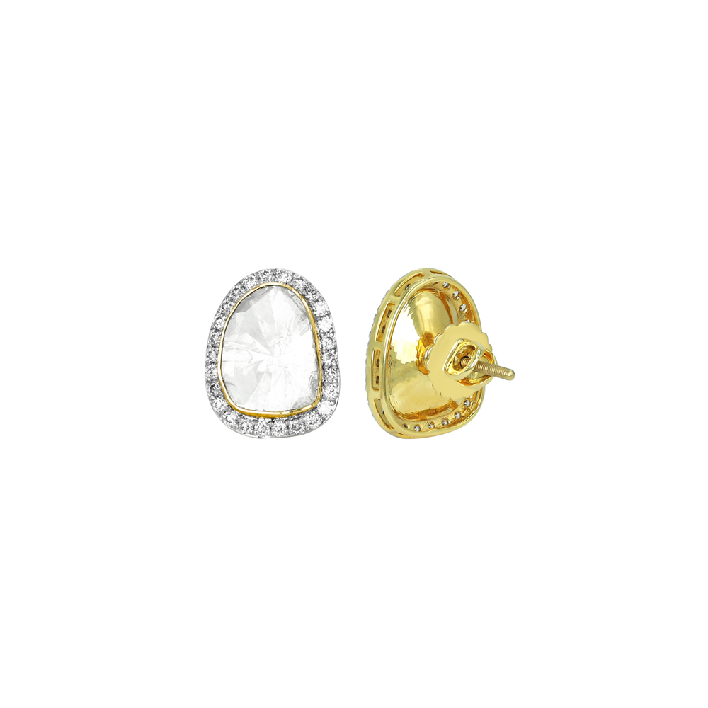 Polki Stud Earrings with Fine-Cut Diamond Halo Border